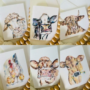 Cartes de voeux vierges champêtres, lot de 6 cartes sur le thème du paysan, papier peint à l'aquarelle sur les terres agricoles rustiques, illustrations à l'aquarelle agricole