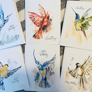 Birthday North American Watercolour Flying Bird Bundle Folded Cards, Assorted Happy Birthday Bird Greeting Cards, Pack of 6 Painted Birds