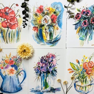 Cartes d'artiste vierges aquarelle florale, lot de 6 cartes fleurs vierges, papeterie bouquet aquatique, cartes bouquet de fleurs, paquet de cartes vierges