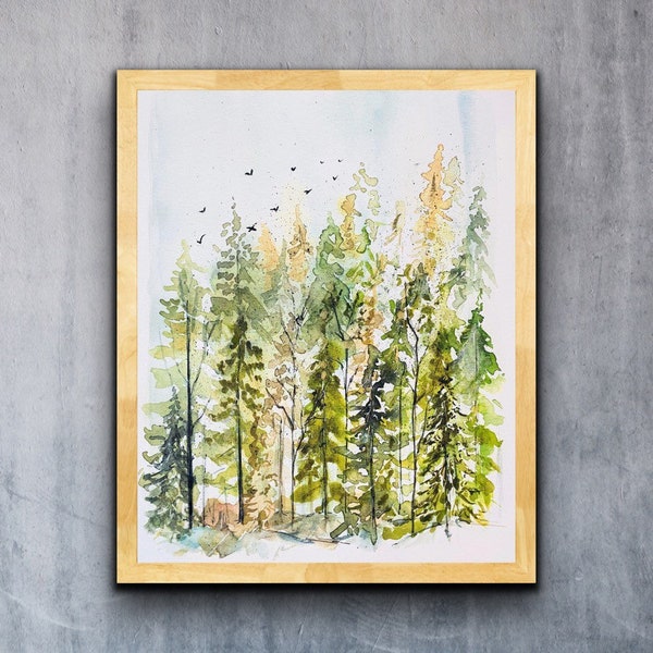 Moody Watercolour Tree Print, Warm Coloured Forest Artwork, Birds and Trees Wall Art