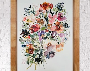 Loose Bright Rainbow Watercolor Florals, Bouquet Watery Florals Design, Watercolour Bunch Florals Artwork Print