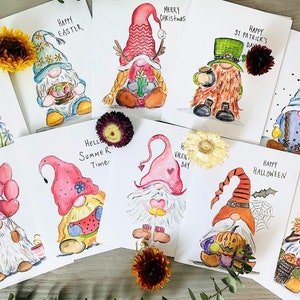 10er-Pack Multi-Feiertags-Saisonal-Gnom-Karten, niedliches Gnom-Aquarell-Grußkarten-Bundle, verschiedene Anlässe, Kartenset, alle Gnom-Karten