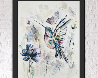 Floral Rainbow Green Watercolor Hummingbird Print, Flying Abstract Hummingbird Wall Art, Elegant Floral Hummingbird Print