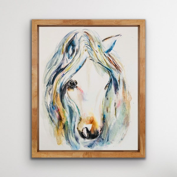 Colourful Watercolour Horse Head Portrait, Rainbow Whimsical Horse Artwork, Pastel Coloured Horse Print