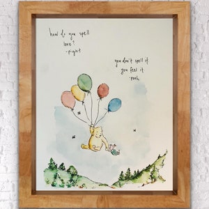 ¿Cómo se escribe amor? Impresión de Winnie The Pooh Piglet, no lo escribes, lo sientes Globo Winnie The Pooh volando sobre árboles Arte de acuarela
