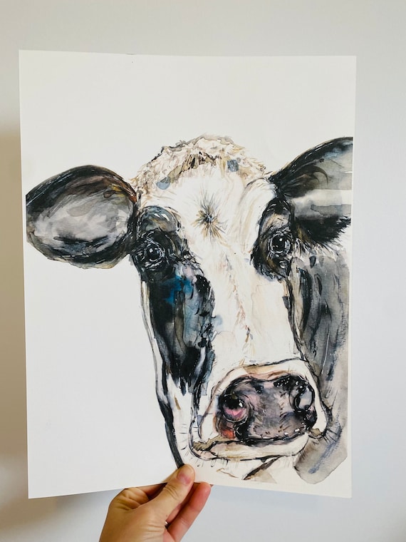 水彩画の牛の横顔プリント、楽しい牛の絵、ホルスタイン牛のウォール