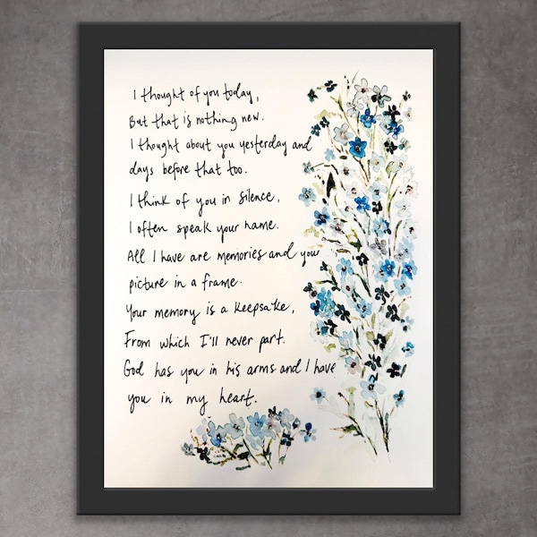 Thought Of You Today, Forget Me Not, Thinking Of You Watercolor Gift, Blue Floral Time Loss Wall Art, Always In My Heart Watercolor Art