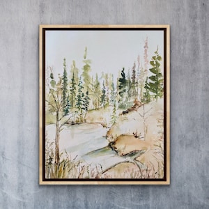 Rocks Water and Trees Watercolour Nature Print, Riverbed Watercolour Wall Art Print, Warm Toned Rocky Rivers Edge