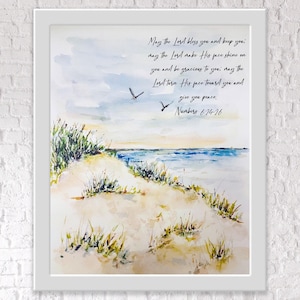 May include: Watercolour painting of a beach scene with a quote from the Bible, Numbers 6:24-26, "May the Lord bless you and keep you; may the Lord make His face shine on you and be gracious to you; may the Lord turn His face toward you and give you peace."