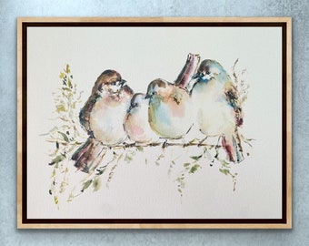 Four Cute Birds Family Of Four Watercolour Print, Chubby Birds On A Branch Artwork, Watercolour Birdies Wall Art