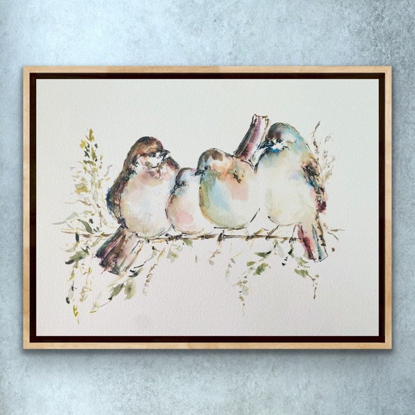 Impression aquarelle de quatre oiseaux mignons, oeuvre d'art oiseaux joufflus sur une branche, oeuvre d'art murale aquarelle Birdies