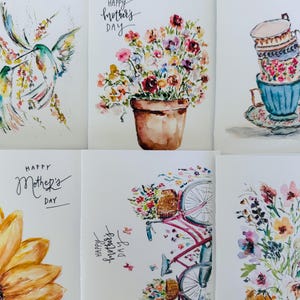 Cartões florais para o dia das mães, chá de bicicleta sonhadora em aquarela, pacote de flores para o dia das mães, dia das mães com girassóis, cartões em aquarela para o dia das mães