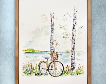 Floral Vintage Bike, Lake Birch Tree Old Bike Art, Country Cottage Bike With Basket Decor, Wildflowers and Yellow Bike, Cottage Bike Print