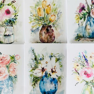 Elegant Floral Watercolour Vase Cards, Assorted Blank Flower Cards, Package Watercolour Floral Stationary VaseCards, 6 Floral Greeting Cards