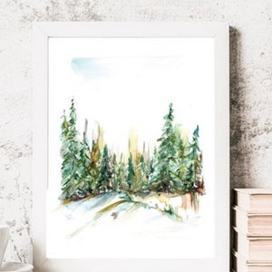 Impresión de acuarela de un bosque melancólico, hogar, obra de arte abstracta de pino, impresión de bosque