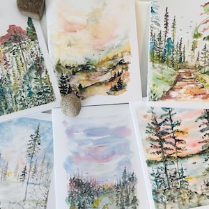 Kunstkaarten dromerig bos, set van 6 kaarten dromerige aquarel bomen en meer, wenskaarten berken en bomen, blanco gevouwen boskaarten