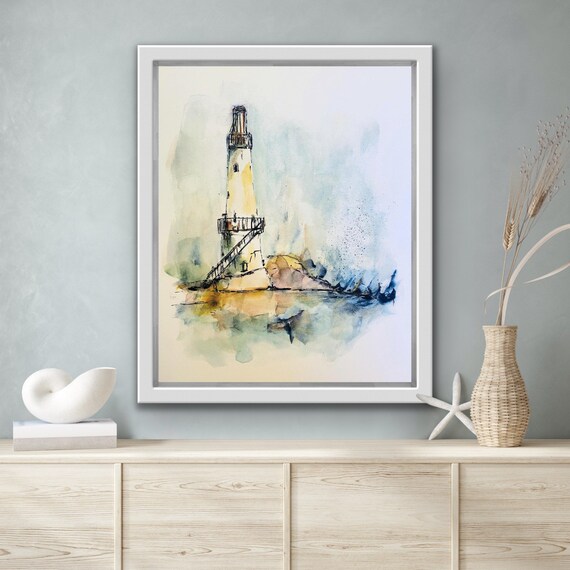 波が打ち寄せる灯台の水彩画、抽象的な灯台のアートイラスト、灯台の