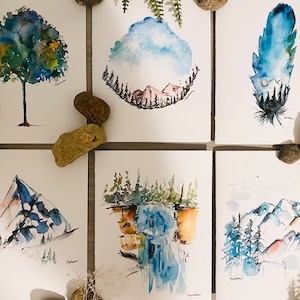 Cartes de montagne pour les amoureux de la nature, lot de 6 cartes de voeux aquarelles arbre et montagne, cartes paysages bohèmes, cartes vierges plumes et arbre