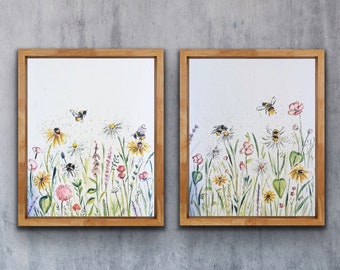 Wildflower and Bee Watercolour Trio Print Set, Whimsical Floral Bumble Bee Art Prints, Soft Coloured Bee Artwork