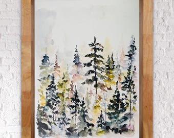 May include: Watercolor painting of a forest scene with tall trees in shades of green, brown, and gray. The trees are painted in a loose, impressionistic style, with soft edges and subtle details. The background is a light wash of blue and white, suggesting a misty or foggy atmosphere.