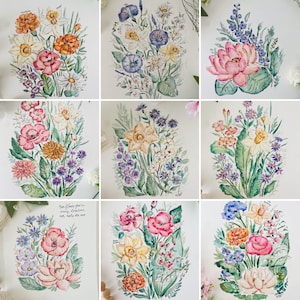 May include: Nine watercolor paintings of different flower arrangements. Each painting features a variety of flowers in shades of pink, yellow, blue, and white. The flowers are arranged in a loose, natural style, and the paintings are set against a white background.