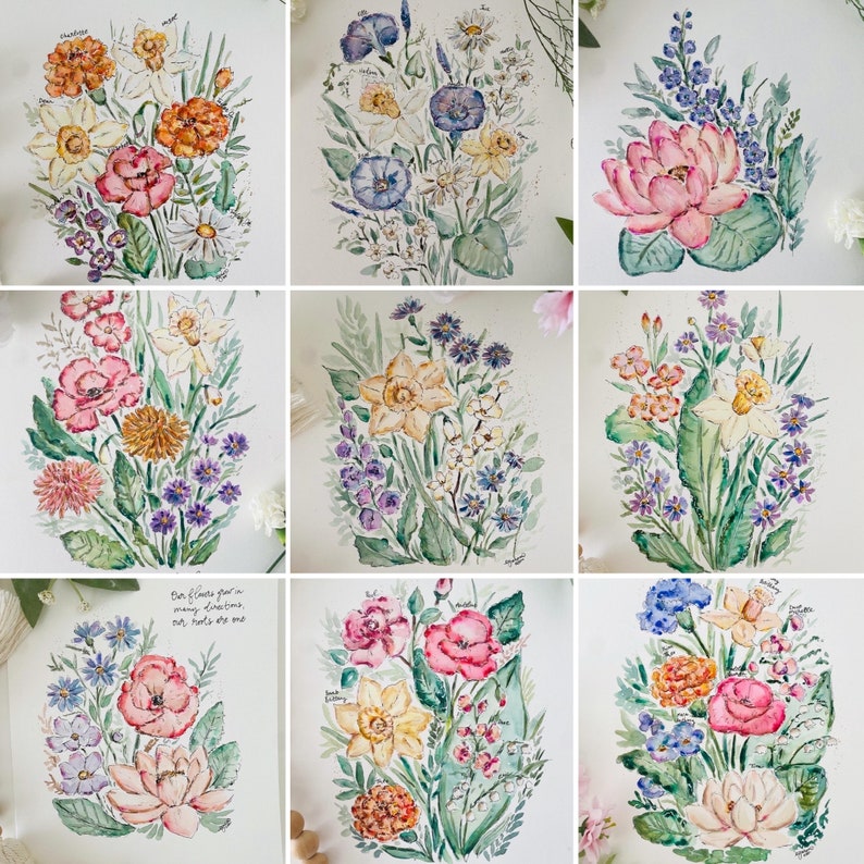 May include: Nine watercolor paintings of different flower arrangements. Each painting features a variety of flowers in shades of pink, yellow, blue, and white. The flowers are arranged in a loose, natural style, and the paintings are set against a white background.