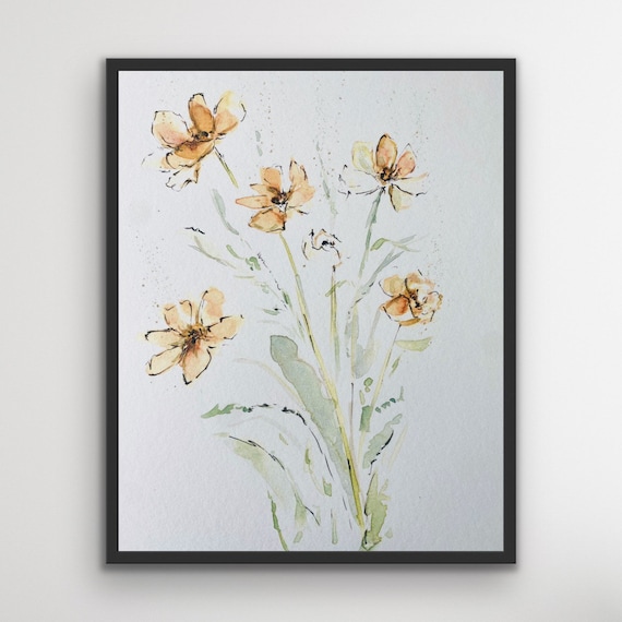 シンプルな黄色の茎の花柄プリント、黄色の花の水彩画、エレガントな