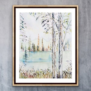 Stampa di una foresta astratta da sogno con betulle, stampa ad acquerello di scene invernali con alberi alti, elegante arte murale della foresta