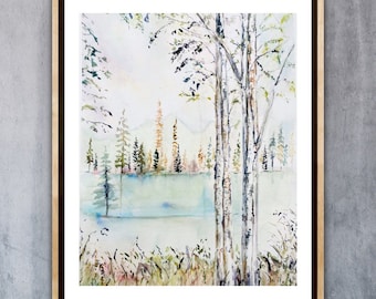 Dream Like Abstract Forest With Birch Trees Print, Tall Trees Winter Scene Watercolour Print, Elegant Forest Wall Art