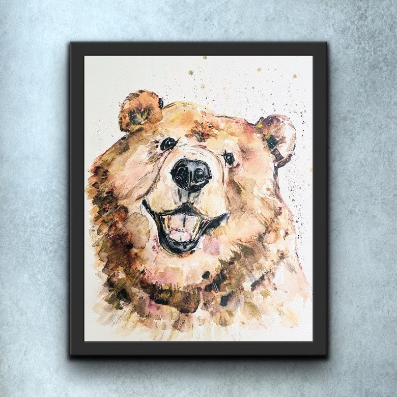 気まぐれなハッピーベアのプリント、水彩画の笑顔のクマのウォール