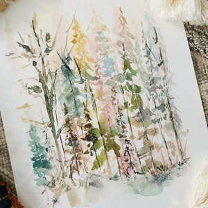 May include: Watercolor painting of a forest scene with tall trees in shades of green, blue, pink, and yellow. The trees are painted in a loose, abstract style, creating a sense of depth and movement.