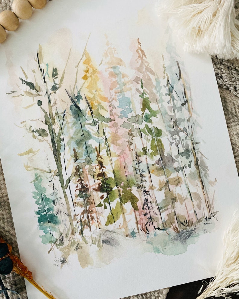 May include: Watercolor painting of a forest scene with tall trees in shades of green, blue, pink, and yellow. The trees are painted in a loose, abstract style, creating a sense of depth and movement.