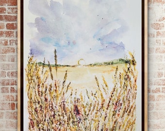 Watercolour Wheat Field Art Print, Agriculture Field Illustration, Sunrise And Wheat Wall Decor, Farmhouse Decor, Rustic Art