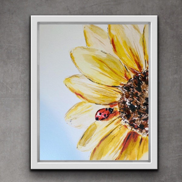 Sunflower And Ladybug Watercolour Floral Print, Bright And Cheerful Sunflower Wall Art, Yellow Floral Watercolour Print