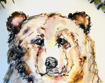 水彩クマの版画、ホッキョクグマの版画、ツキノワグマの絵画、子グマ
