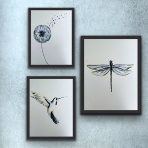 Three Minimal Watercolour Neutral Prints, Dandelion Dragonfly and Hummingbird Watercolour Art Prints, Set of Simple Designs Art