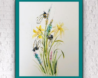 Three Watercolour Wildflower and Bees Assorted Sizes Print, Physical Bee and Flower Artwork, Warm Coloured Bee Floral Print