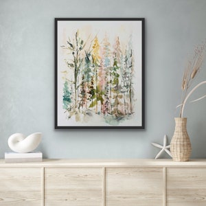 May include: Watercolor painting of a forest scene with tall, slender trees in shades of green, blue, and pink. The trees are painted in a loose, abstract style, creating a sense of depth and movement.