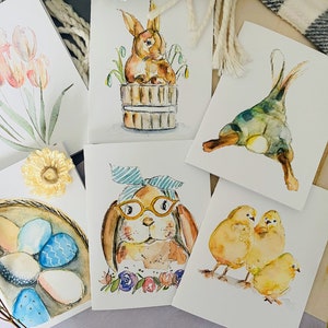 Cartes de Pâques pliées aquarelles vierges de Pâques, lot de 6 jolies cartes d'art printanières, ensemble de papeterie de lapins et de poussins
