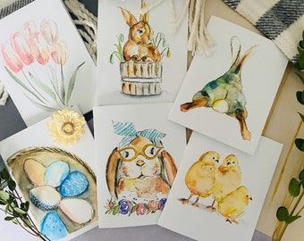 Blank Watercolour Folded Bunny Easter Cards, Pack of 6 Cute Spring Art Cards, Bunnies and Chicks Stationary Set
