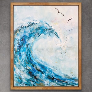 Impresión de acuarela de una gran ola de playa, olas del océano con un toque de azul, impresión de un lago de playa en acuarela, impresión artística decorativa con escena playera oceánica en acuarela