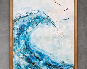 May include: A framed watercolor painting of a large blue wave crashing against a white background with a few small black birds flying above.