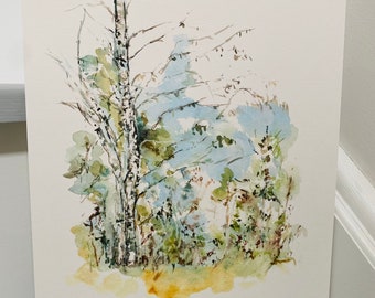 田園地帯の白樺の木々の水彩画プリント、白樺の木の絵と田園風景の
