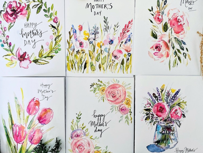 Folded Watercolour Mothers Day Cards, Pack of 6 Assorted Happy Mothers Day Greeting Note Cards, Floral Watercolour Mothers Day Art Cards image 2