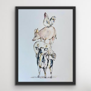 May include: A watercolour painting of a pig, a cow, and a rooster stacked on top of each other. The pig is on top of the cow, and the rooster is on top of the pig. The animals are all facing forward, and the background is a light blue.