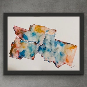 K&ouml;nnte beinhalten: Aquarellmalerei einer Karte mit blauen, gr&uuml;nen, gelben und roten Farbt&ouml;nen. Die Karte ist in einem schwarzen Rahmen gerahmt. Die Unterschrift des K&uuml;nstlers befindet sich in der rechten unteren Ecke.