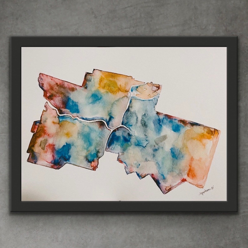K&ouml;nnte beinhalten: Aquarellmalerei einer Karte mit blauen, gr&uuml;nen, gelben und roten Farbt&ouml;nen. Die Karte ist in einem schwarzen Rahmen gerahmt. Die Unterschrift des K&uuml;nstlers befindet sich in der rechten unteren Ecke.