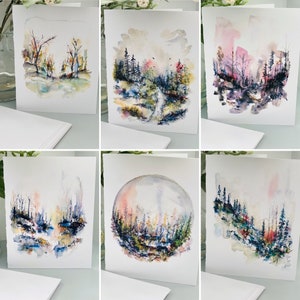 Cartes de voeux aquarelles vierges nature forêt enchantée, cartes d'art abstrait paysage d'arbres aquatiques, lot de 6 cartes nature forêt magique,