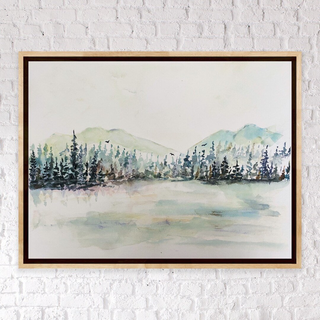 Lake and Trees With Reflection Watercolor Print Mountains and - Etsy