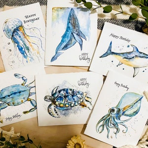 Paquete de tarjetas de cumpleaños de criaturas marinas submarinas, paquete de 6 tarjetas plegadas de cumpleaños de animales del océano, tarjetas de felicitación de cumpleaños de tiburón